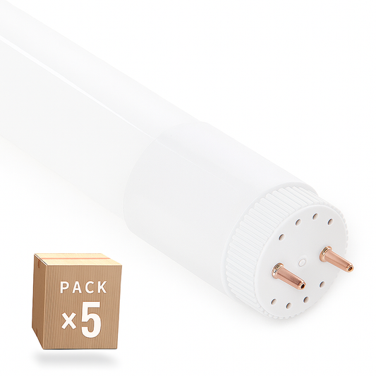 Pack com 5 tubos LED T8, 18W, 2.880 lumens, 6000K, vidro, 120 cm, ligação em ambas as extremidades, 40.000 horas