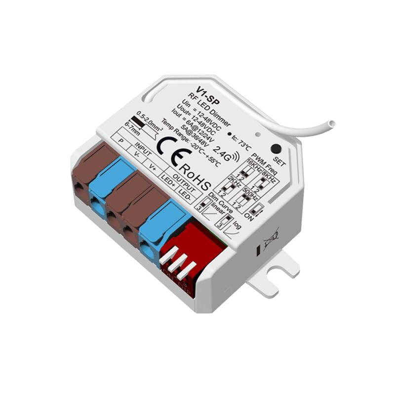 Regulador de Fita LED Monocromática 12-24-48V SKYDANCE V1-SP Compatível com Botão Pulsador e Comando RF