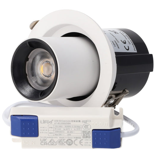 Downlight LED Ajustável 10W CRI>90 90LM/W 4000ºK Driver Lifud 50.000H Branco Natural