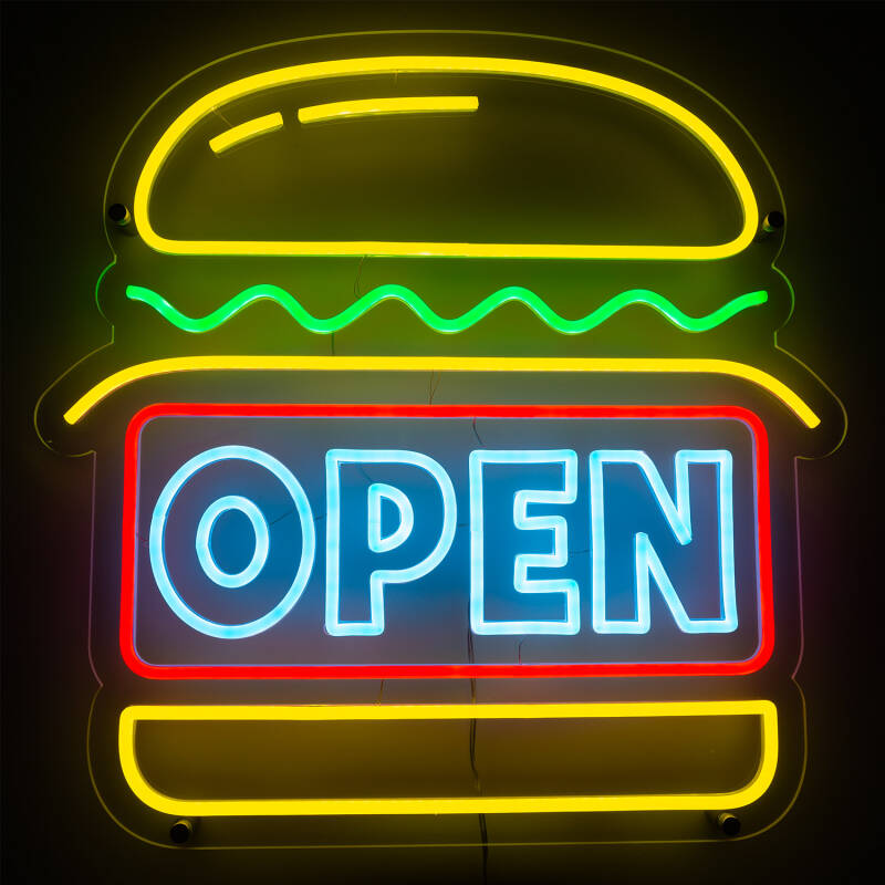 Letreiro Neon LED Open Burguer