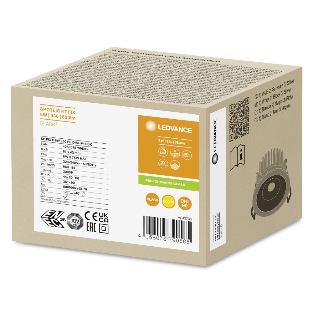 Foco LED LEDVANCE 8W 680Lm 3000K 36º IP44/IP20 Regulável