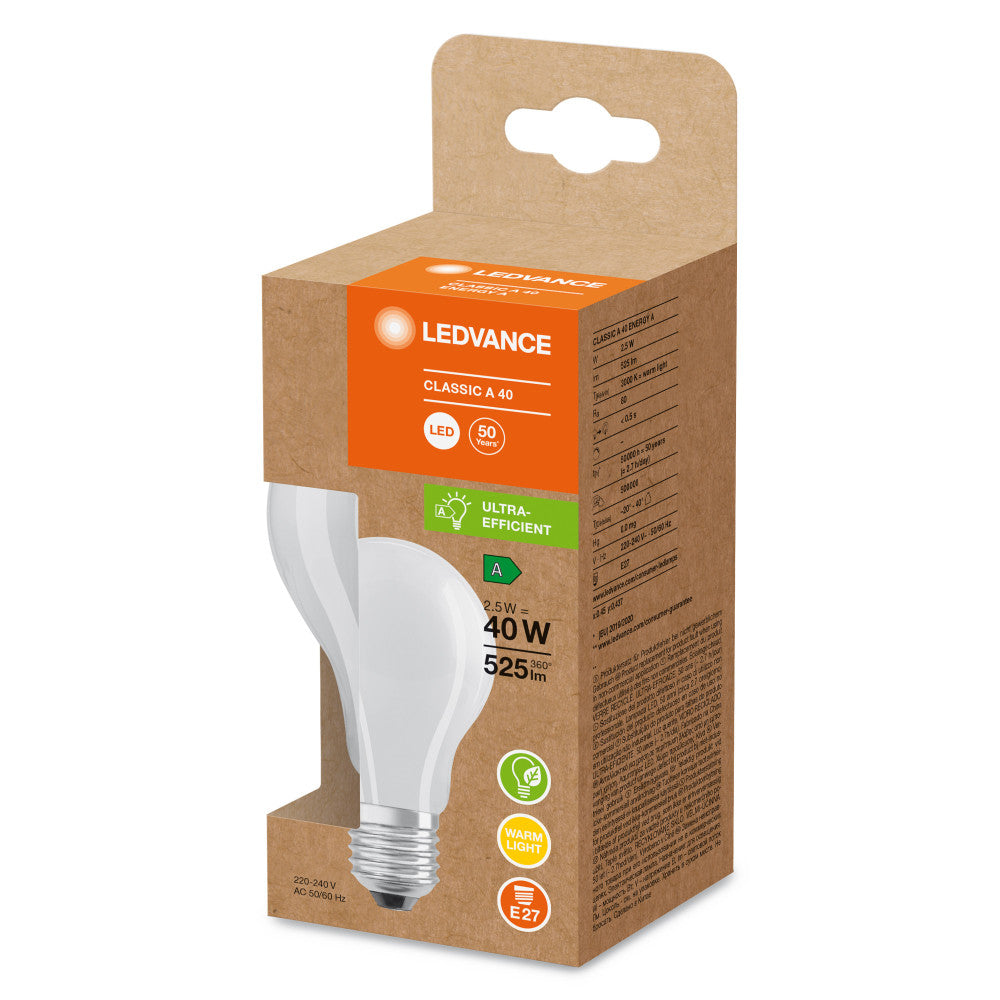 Lâmpada LED Ledvance/Osram "Clássica" E27 2,5W 525Lm 3000K 300º IP20