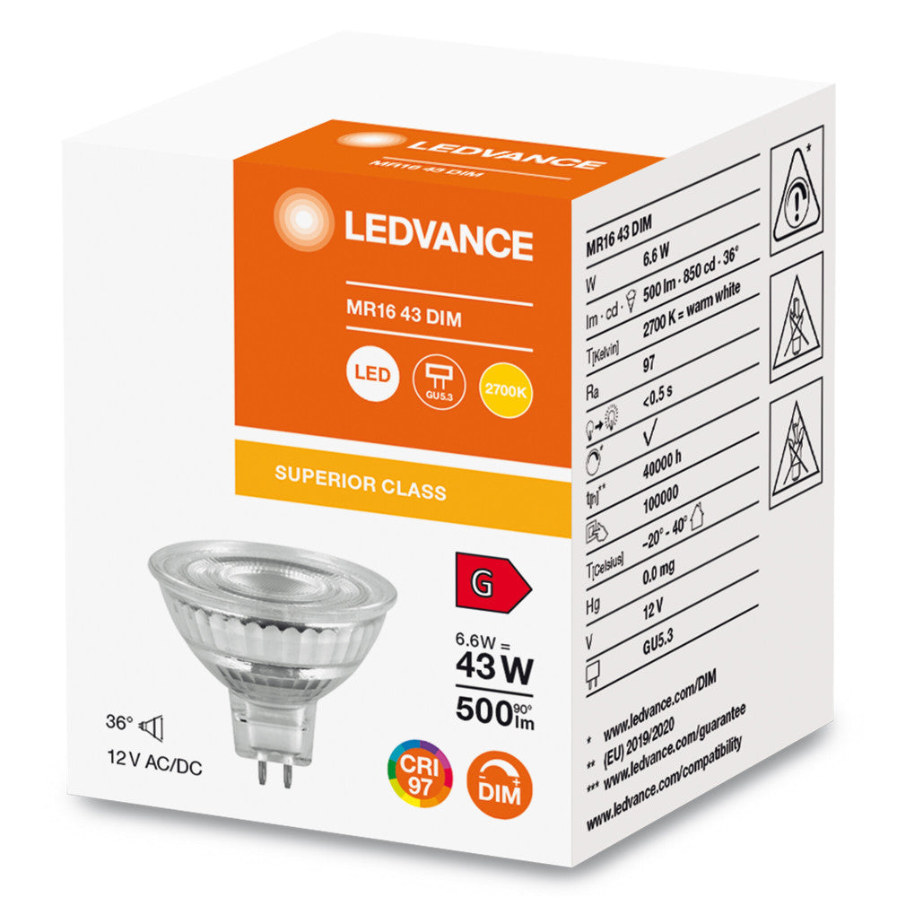 Lâmpada Foco LED Ledvance/Osram GU5.3 6.6W 500Lm 2700K 36º IP20 Regulável