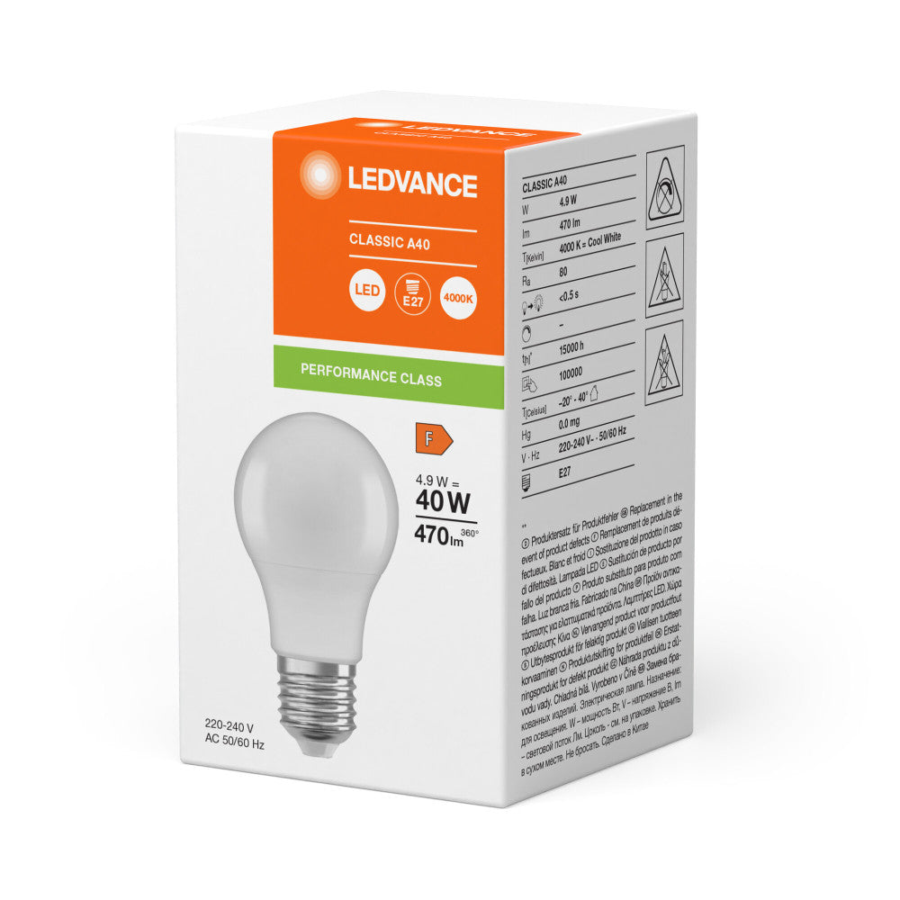 Lâmpada LED Ledvance/Osram "Clássica" E27 4.9W 470Lm 4000K 200º IP20