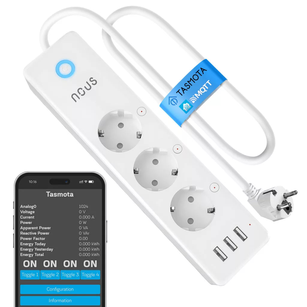 NOUS A5T smart Wi-Fi power fita (3-gang + 3 USB-A), Tasmota