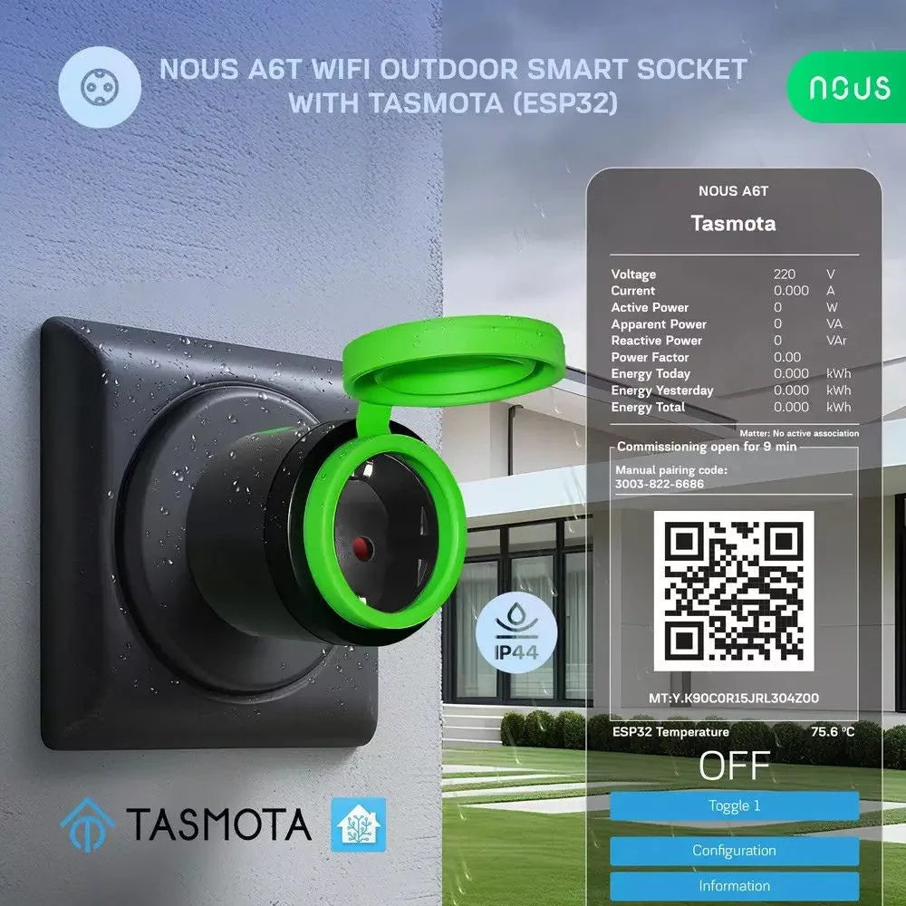 Nous A6T Wi-Fi exterior / bathroom (IP44) smart plug com factory-installed Tasmota firmware