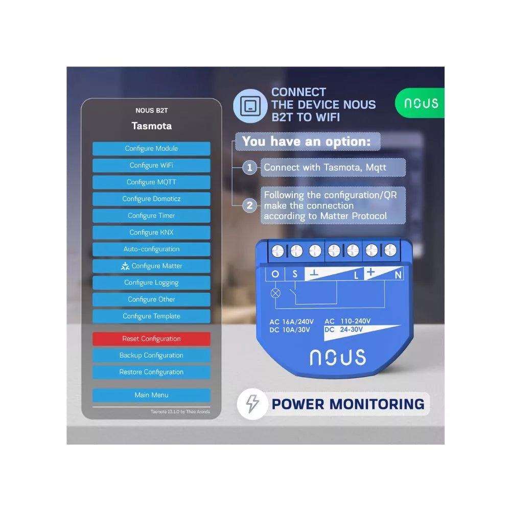 Nous B2T smart Wi-Fi 1-gang mini relay module com power meter (Tasmota firmware, Matter compatible)