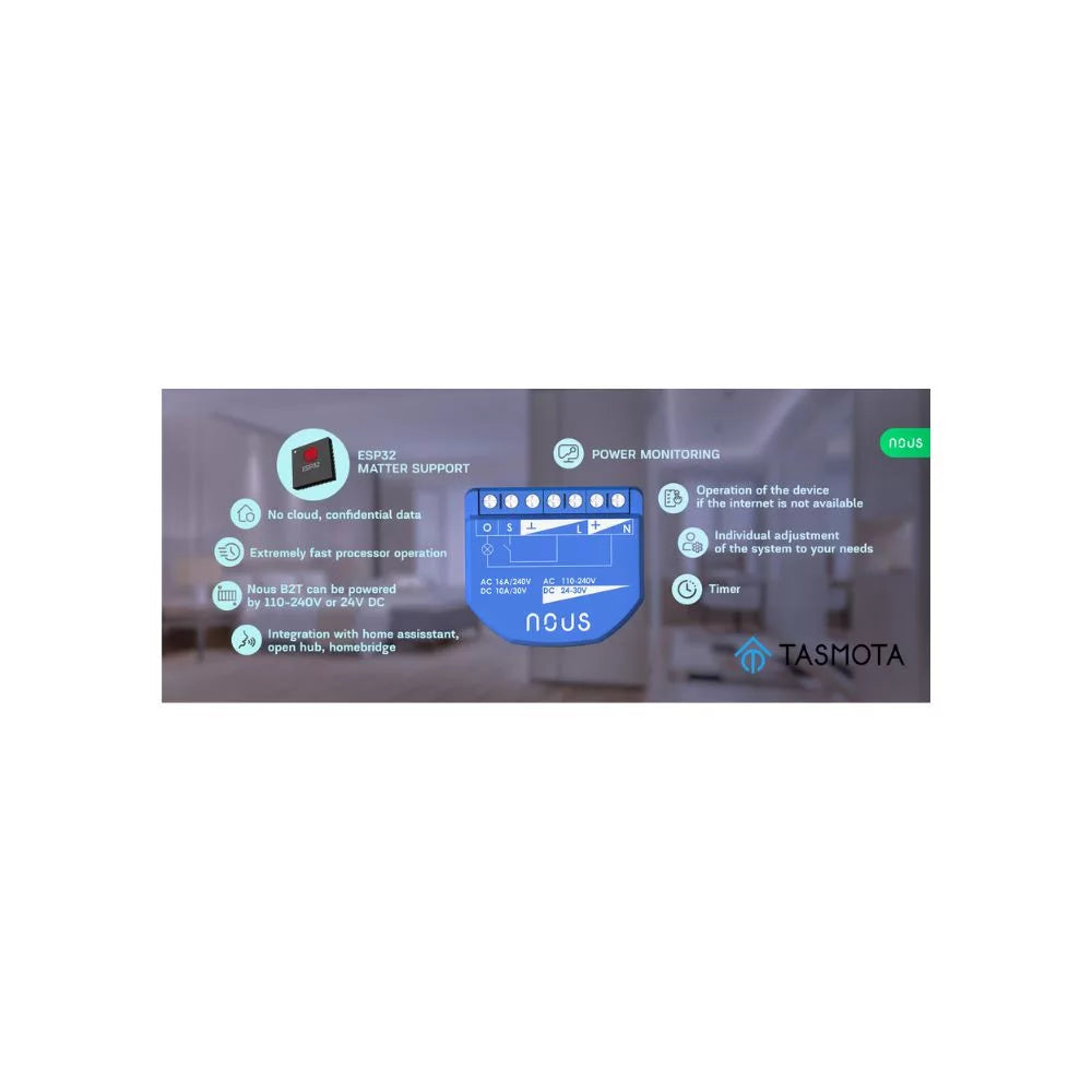 Nous B2T smart Wi-Fi 1-gang mini relay module com power meter (Tasmota firmware, Matter compatible)