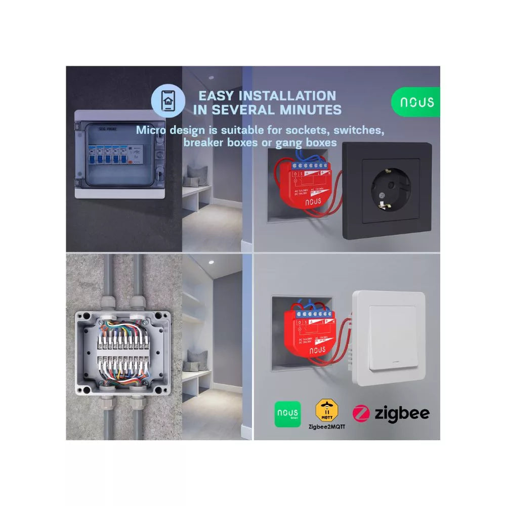 Nous B2Z smart Tuya Zigbee mini relay module, com power meter and switch input, 1-gang