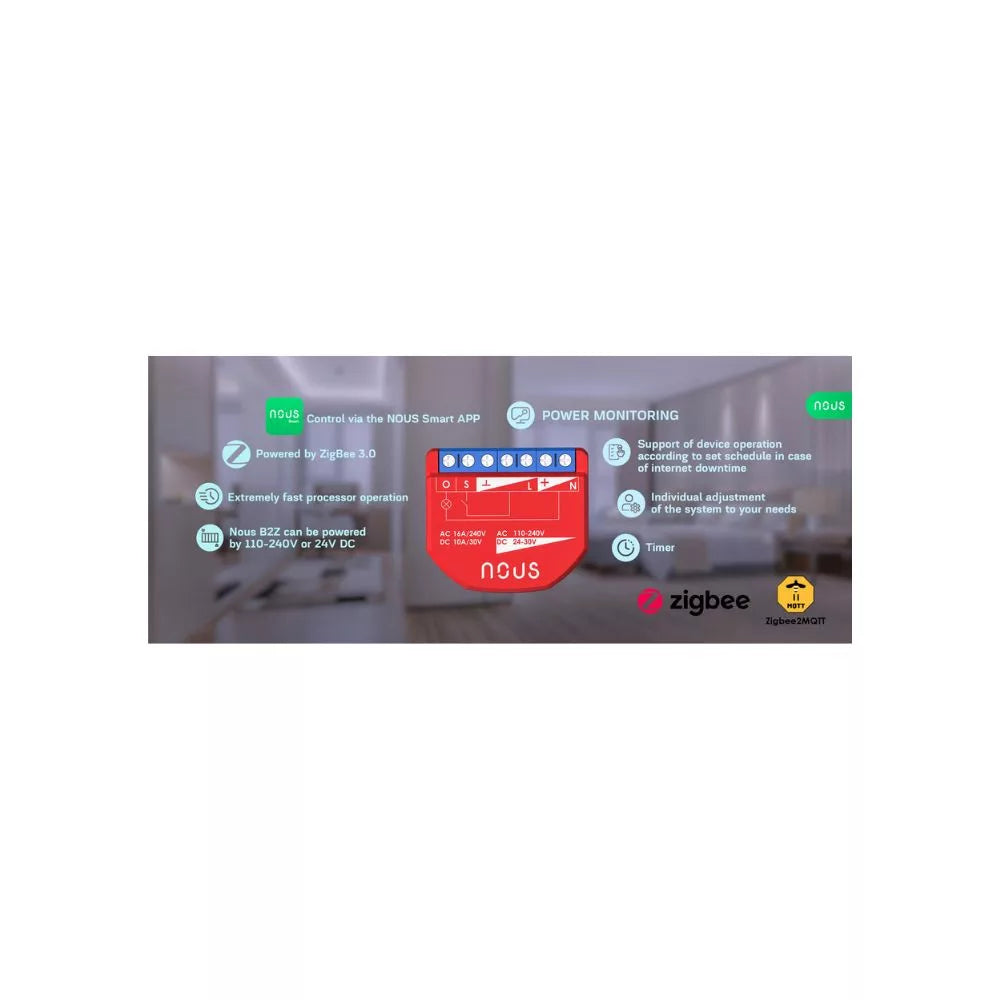 Nous B2Z smart Tuya Zigbee mini relay module, com power meter and switch input, 1-gang