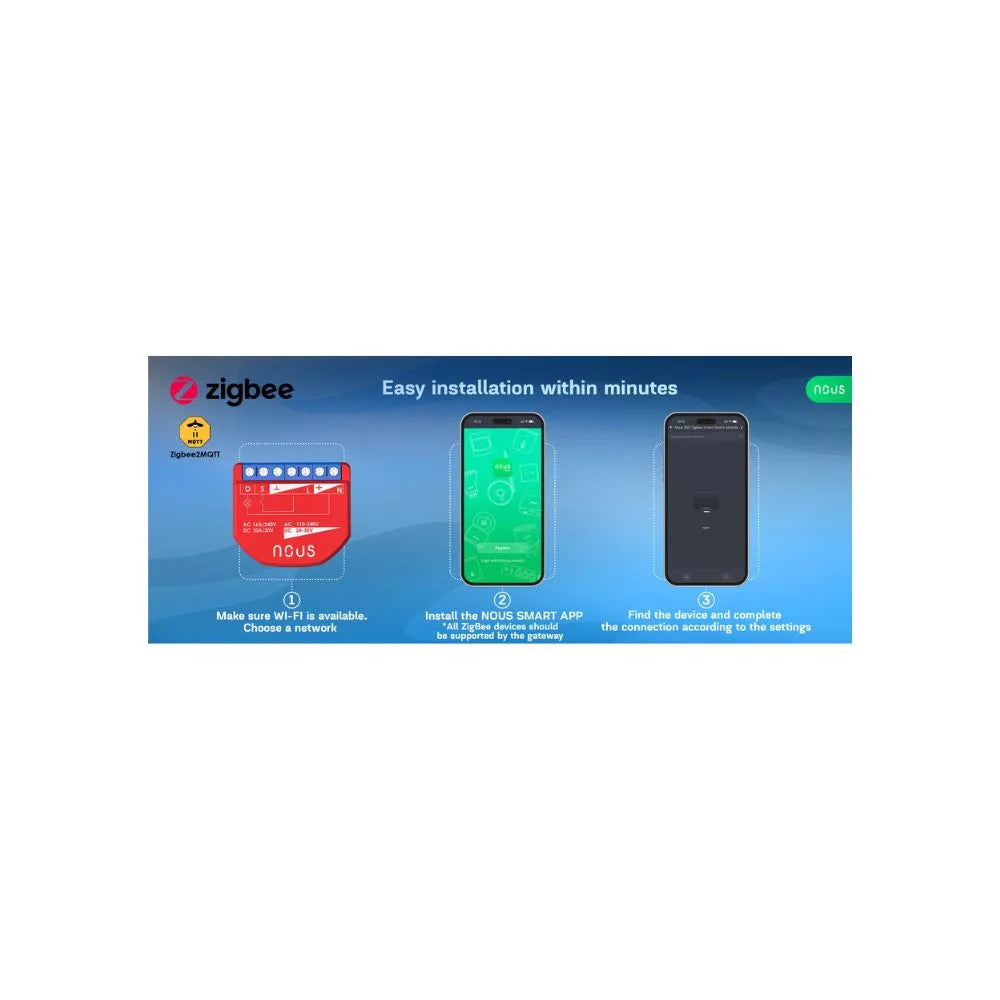 Nous B2Z smart Tuya Zigbee mini relay module, com power meter and switch input, 1-gang