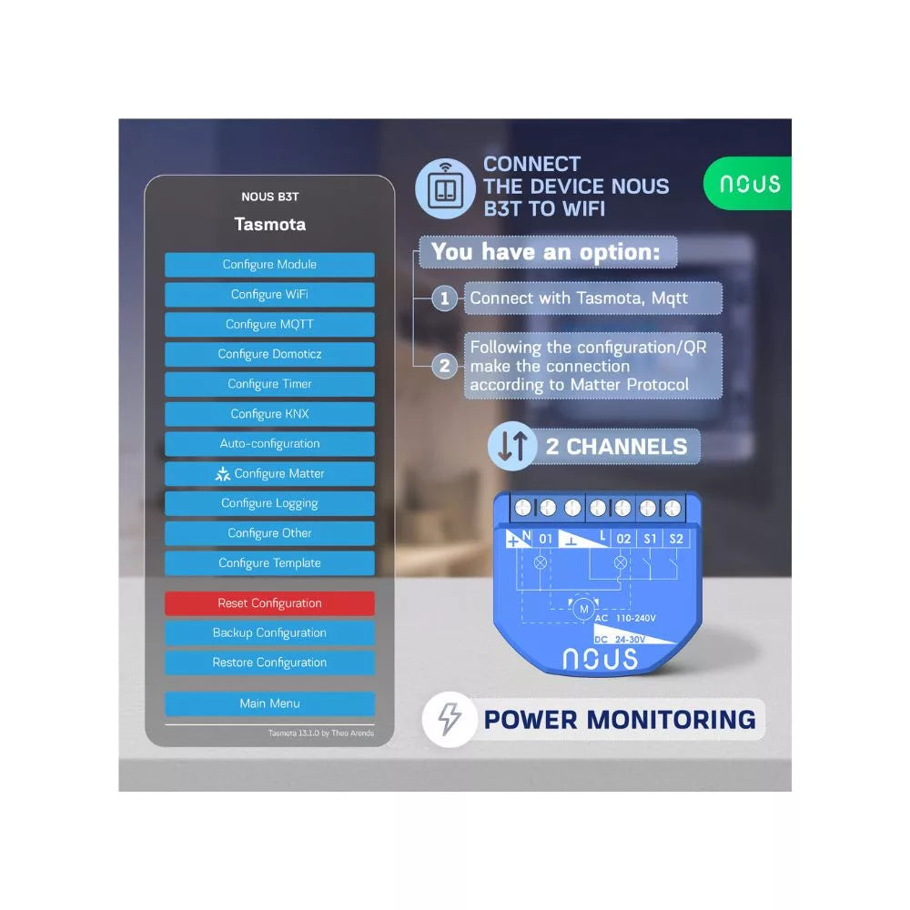 Nous B3T smart Wi-Fi 2-gang mini module, power meter, roller shutter / curtain control (Tasmota, Matter compatible)