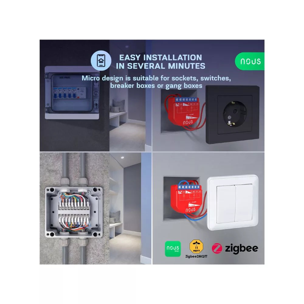 Nous B3Z smart Tuya Zigbee mini relay module, com power meter and switch input, 2 gang