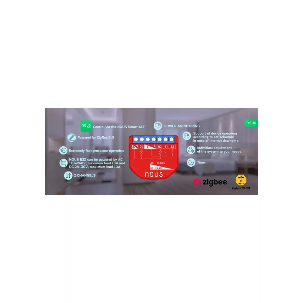Nous B3Z smart Tuya Zigbee mini relay module, com power meter and switch input, 2 gang