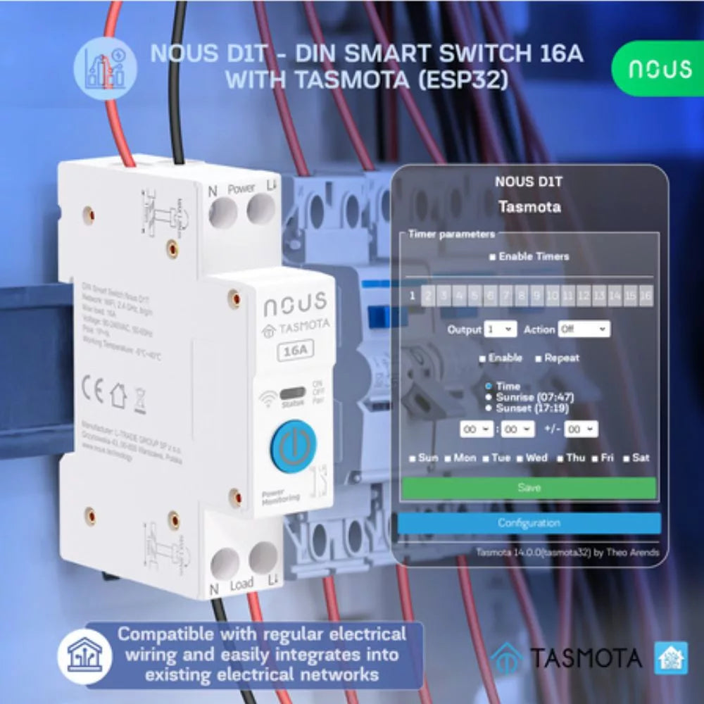 Nous D1T DIN-rail compatible Wi-Fi relay module com Tasmota firmware, Matter compatible, 16A