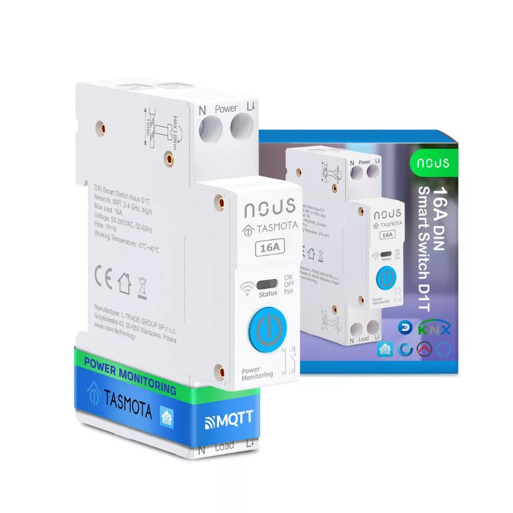 Nous D1T DIN-rail compatible Wi-Fi relay module com Tasmota firmware, Matter compatible, 16A