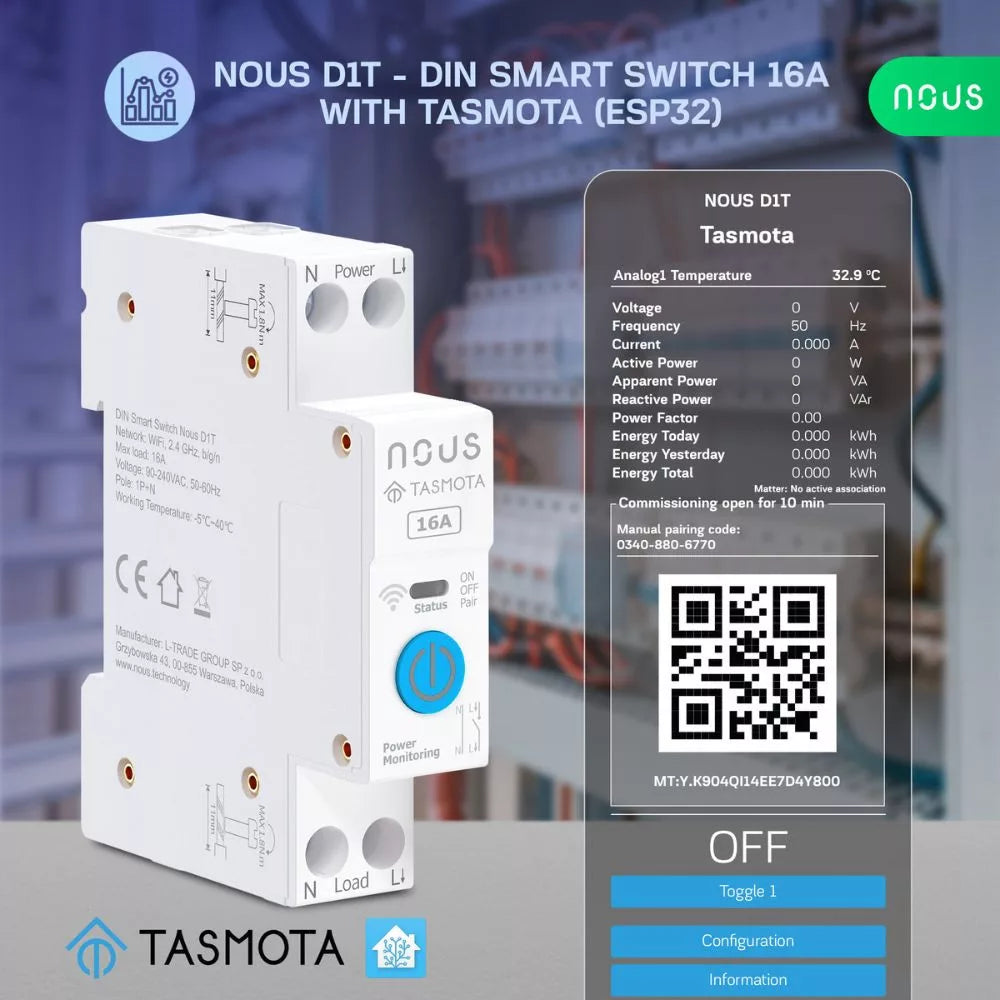 Nous D1T DIN-rail compatible Wi-Fi relay module com Tasmota firmware, Matter compatible, 16A