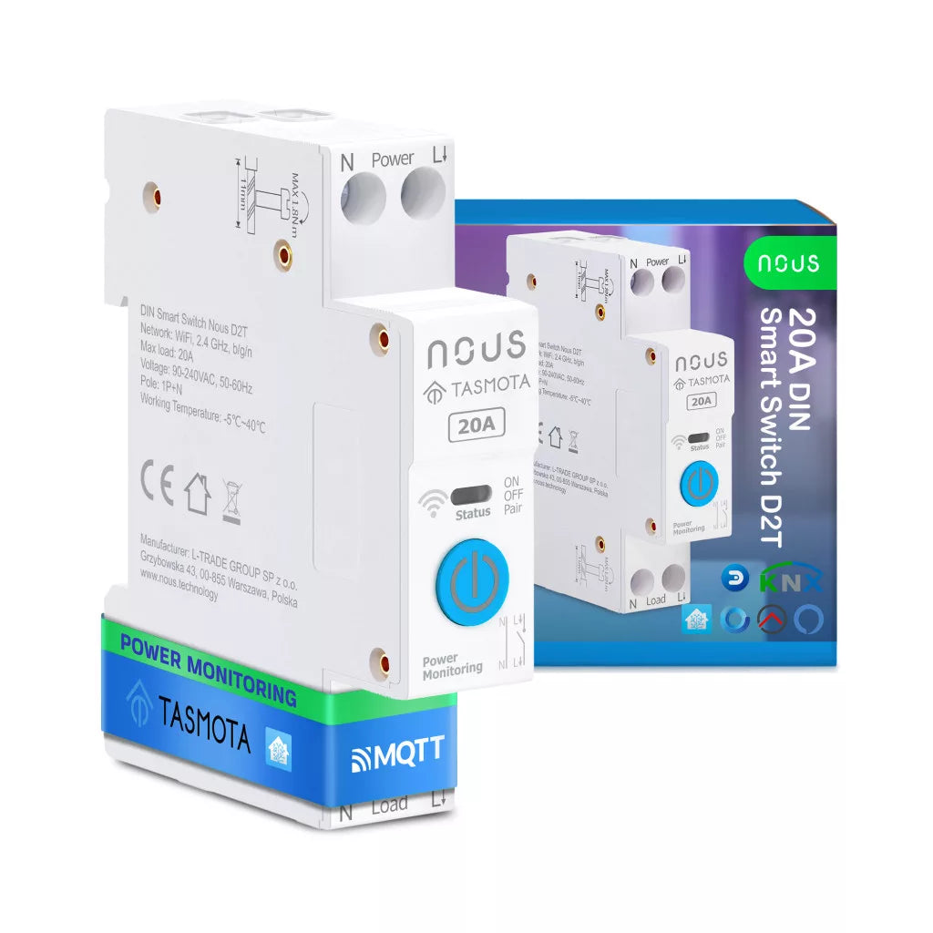 Nous D2T DIN Smart Switch 20A com Tasmota (1 channel, com PM, ESP32)