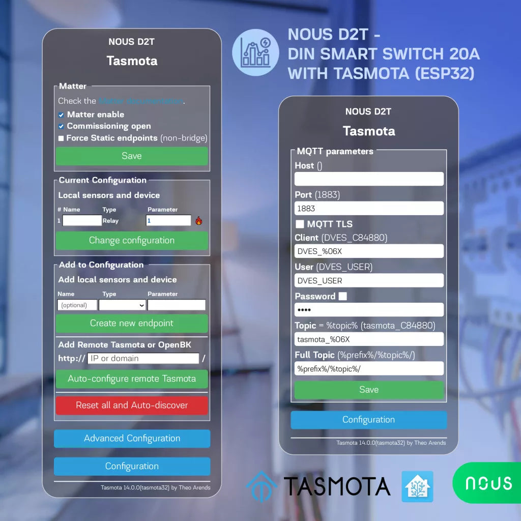 Nous D2T DIN Smart Switch 20A com Tasmota (1 channel, com PM, ESP32)
