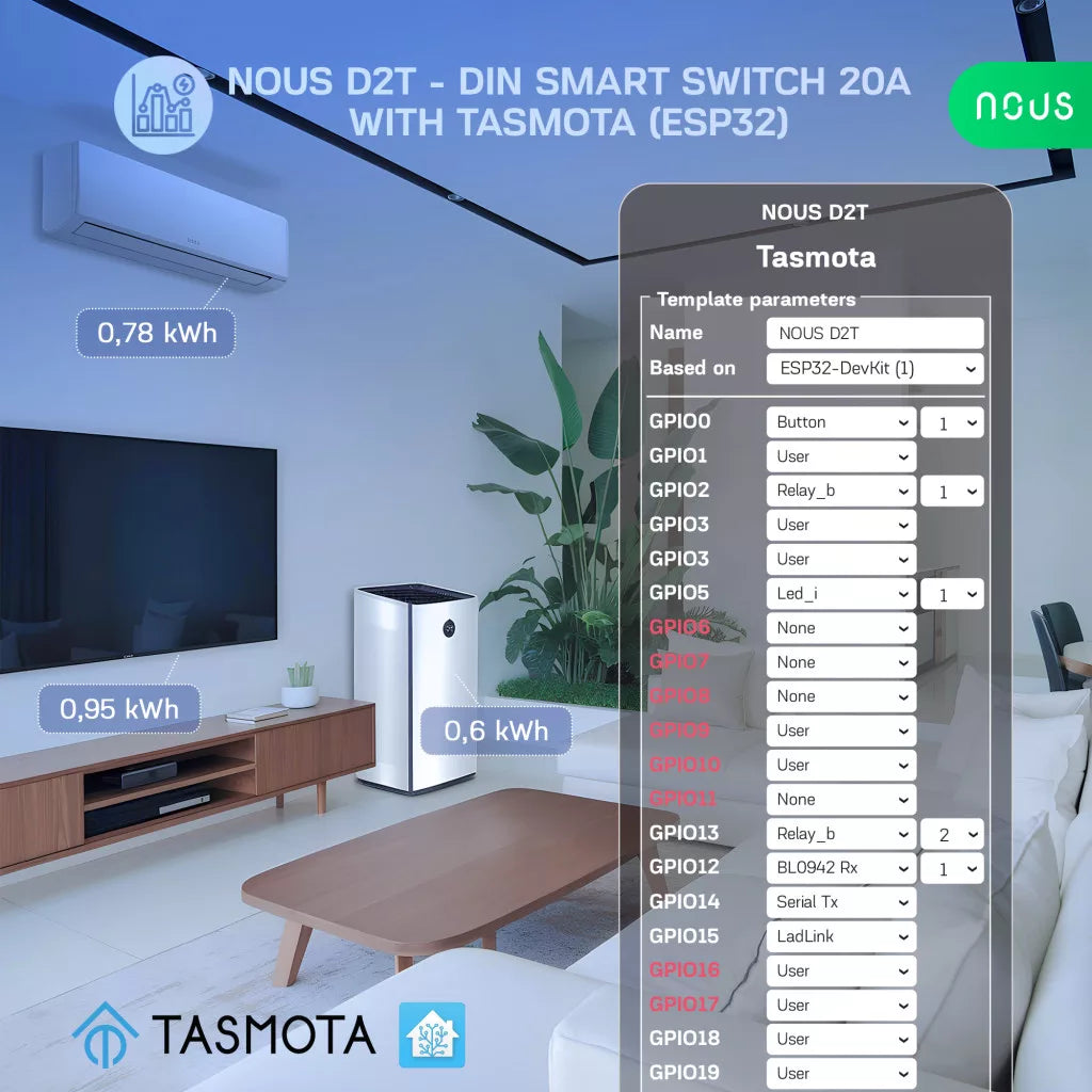 Nous D2T DIN Smart Switch 20A com Tasmota (1 channel, com PM, ESP32)