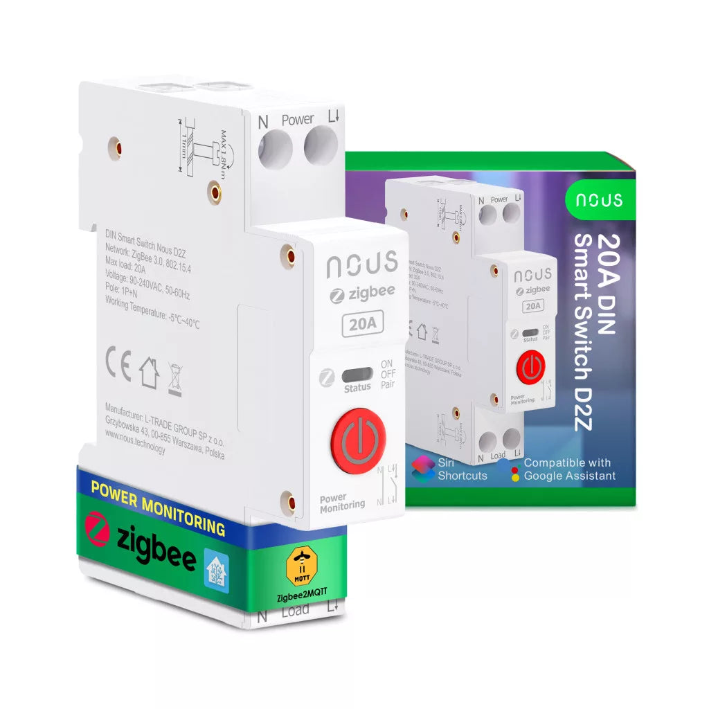 Nous D2Z Zigbee DIN Smart Switch 20A (1 channel, com PM)