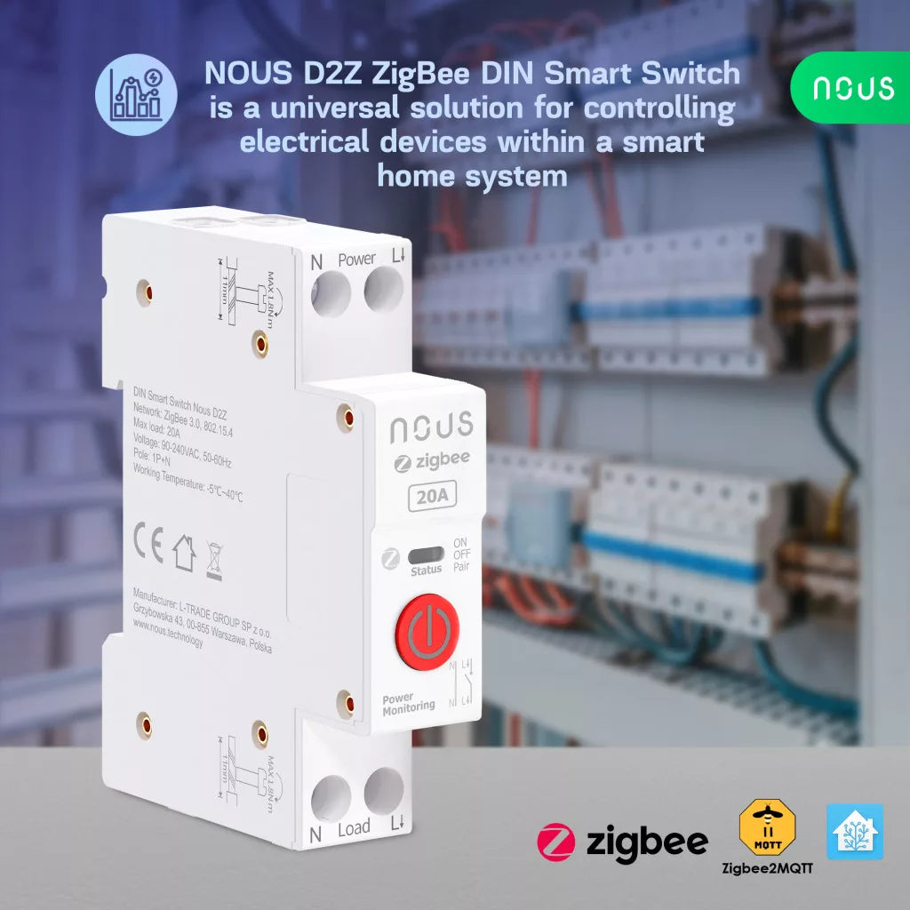 Nous D2Z Zigbee DIN Smart Switch 20A (1 channel, com PM)