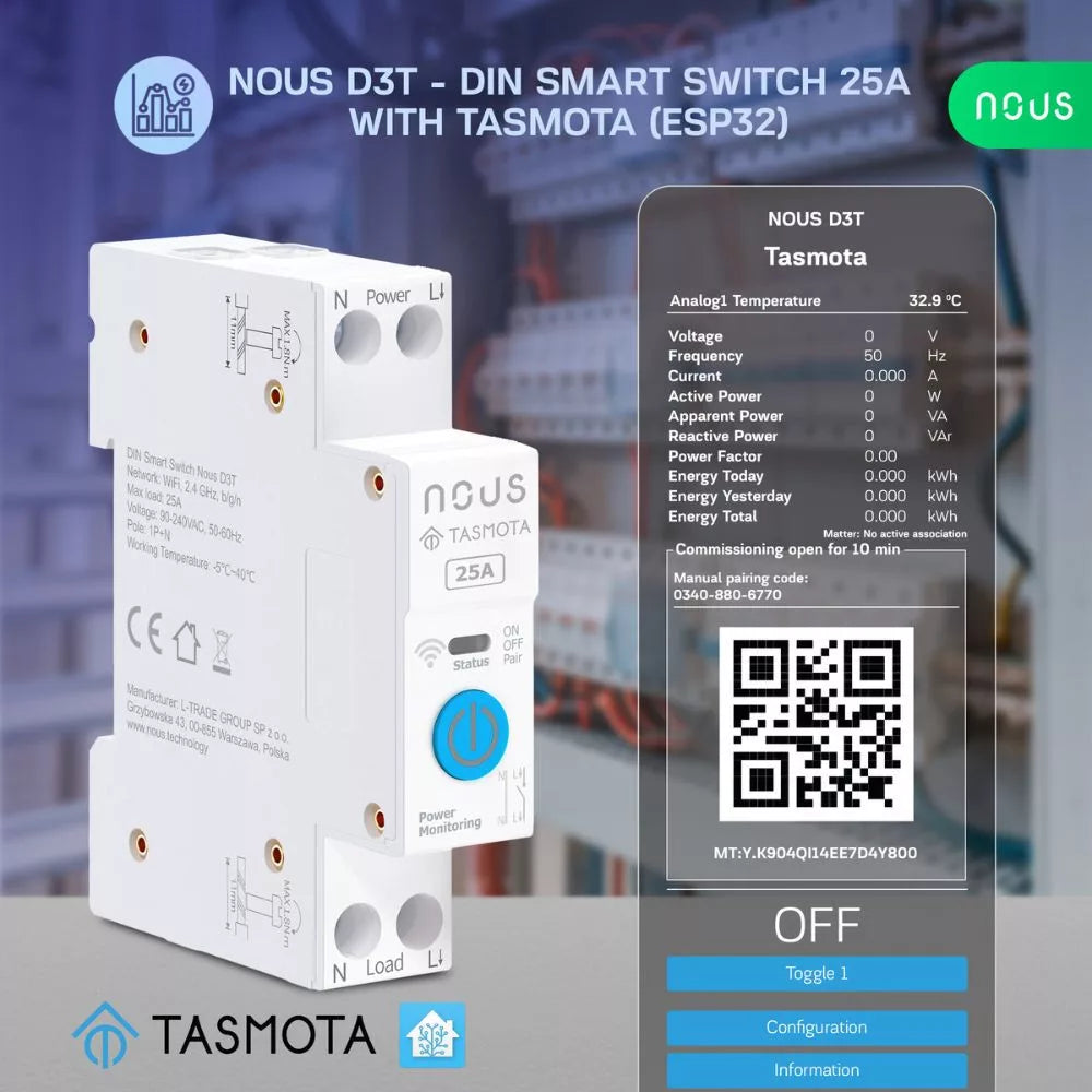Nous D3T DIN-rail compatible Wi-Fi relay module com Tasmota firmware, Matter compatible, 25A