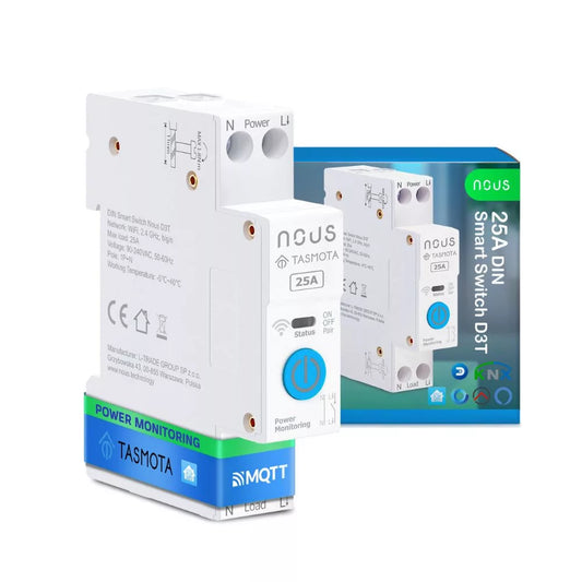 Nous D3T DIN-rail compatible Wi-Fi relay module com Tasmota firmware, Matter compatible, 25A