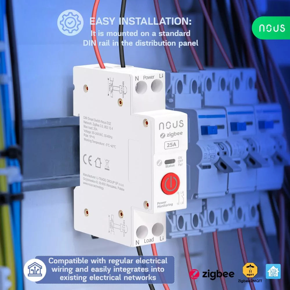 Nous D1Z - DIN-compatile smart Tuya Zigbee relay module, 16A
