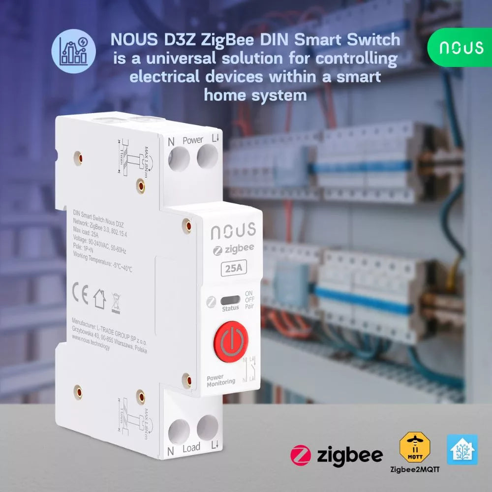 Nous D3Z - DIN-compatile smart Tuya Zigbee relay module, 25A