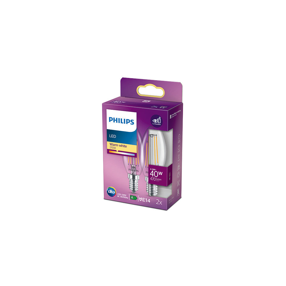Pacote 2 Lâmpada LED Philips E14 B35 4.3W 470Lm 2700K