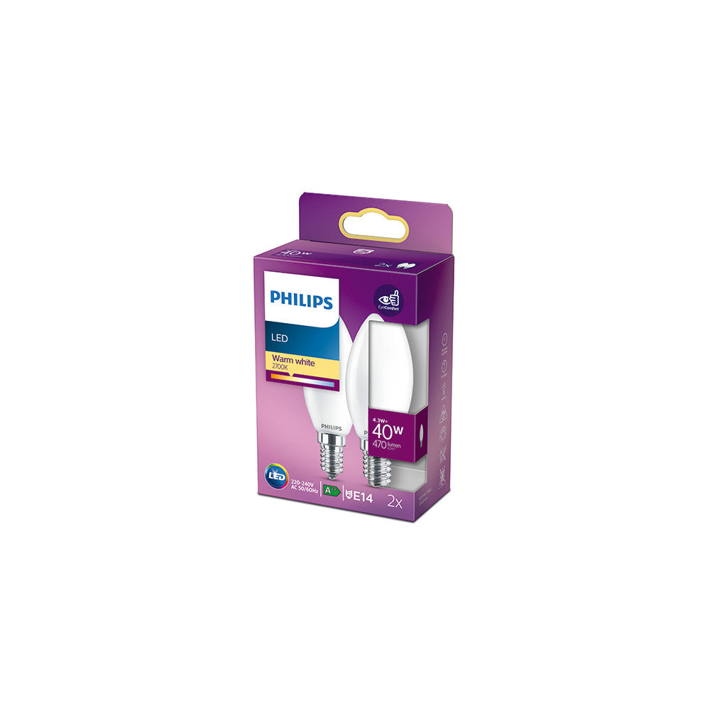 Pacote 2 Lâmpada LED Philips E14 B35 4.3W 470Lm 2700K