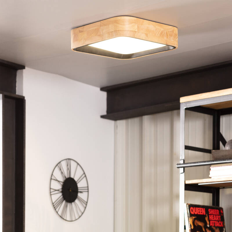 Plafón de LED 15W Quadrado Madeira e Alumínio 370x370 mm CCT Selecionável Dari