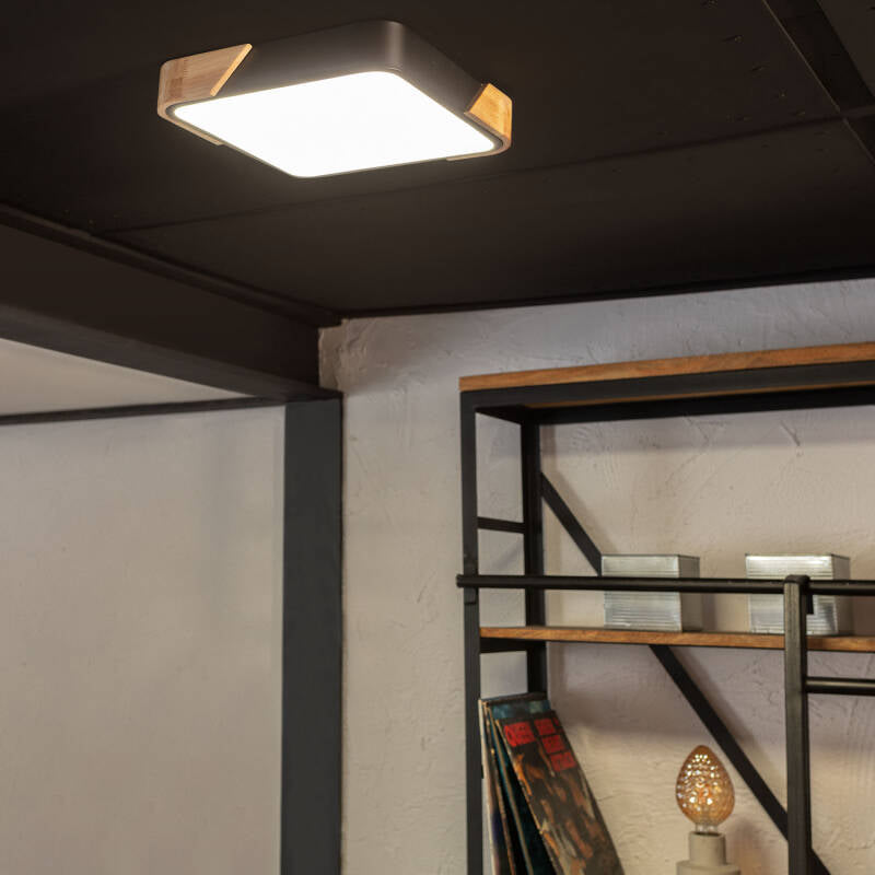 Plafón LED de teto 18W Quadrado em Madeira e Alumínio 325x325 mm CCT Selecionável Semi-Dari