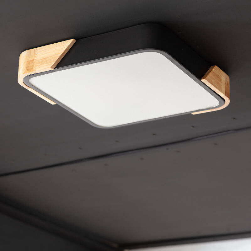 Plafón LED de teto 18W Quadrado em Madeira e Alumínio 325x325 mm CCT Selecionável Semi-Dari