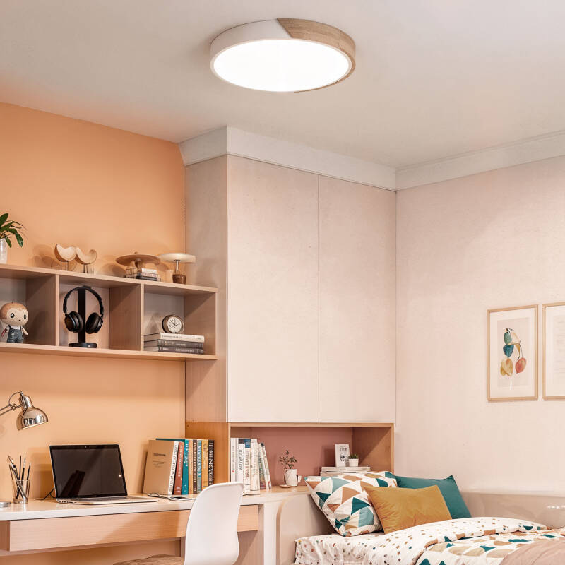 Plafón LED 24W Circular Madeira e Alumínio Ø418 mm CCT Selecionável Semi-Dari