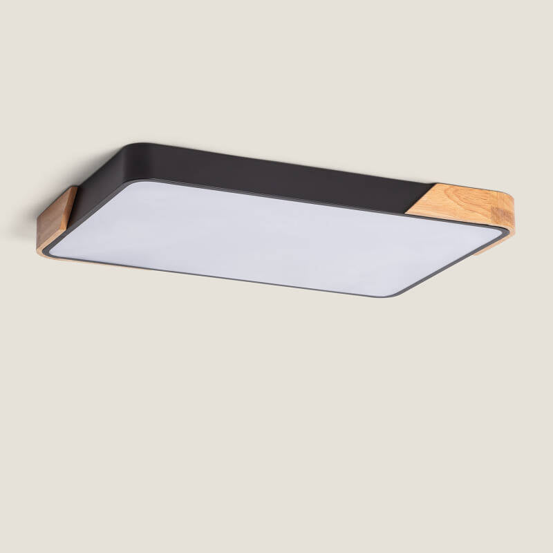 Plafón LED de 30 W, Retangular, em Madeira e Alumínio, 625 x 425 mm, CCT Selecionável, Semi-Dari