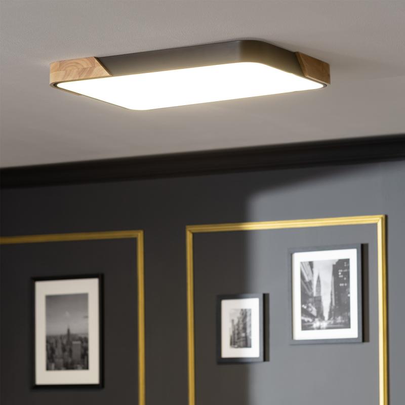 Plafón LED de 30 W, Retangular, em Madeira e Alumínio, 625 x 425 mm, CCT Selecionável, Semi-Dari