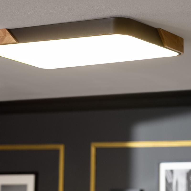 Plafón LED de 30 W, Retangular, em Madeira e Alumínio, 625 x 425 mm, CCT Selecionável, Semi-Dari