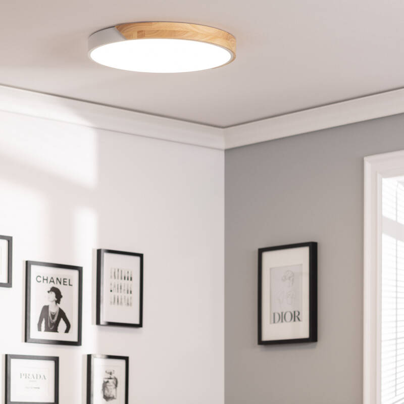 Plafón LED 36W Circular Madeira e Alumínio Ø500 mm CCT Selecionável Semi-Dari