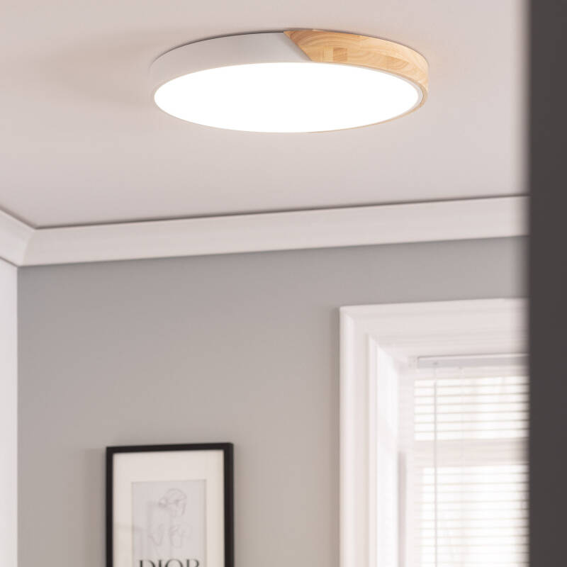 Plafón LED 36W Circular Madeira e Alumínio Ø500 mm CCT Selecionável Semi-Dari