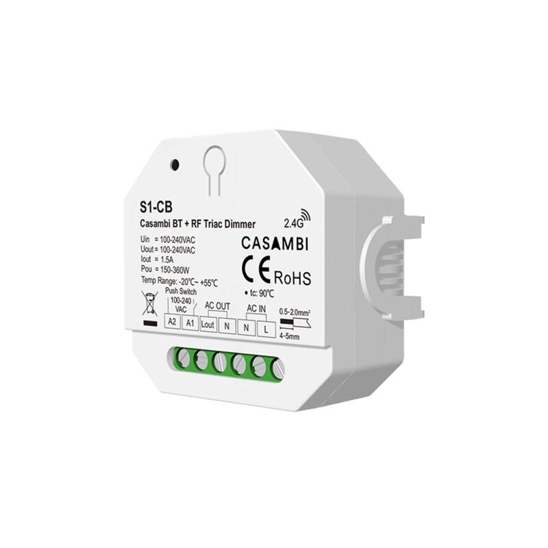 Regulador Casambi TRIAC 1 Canal SKYDANCE S1-CB compatível com Comando RF e Botão Pulsador