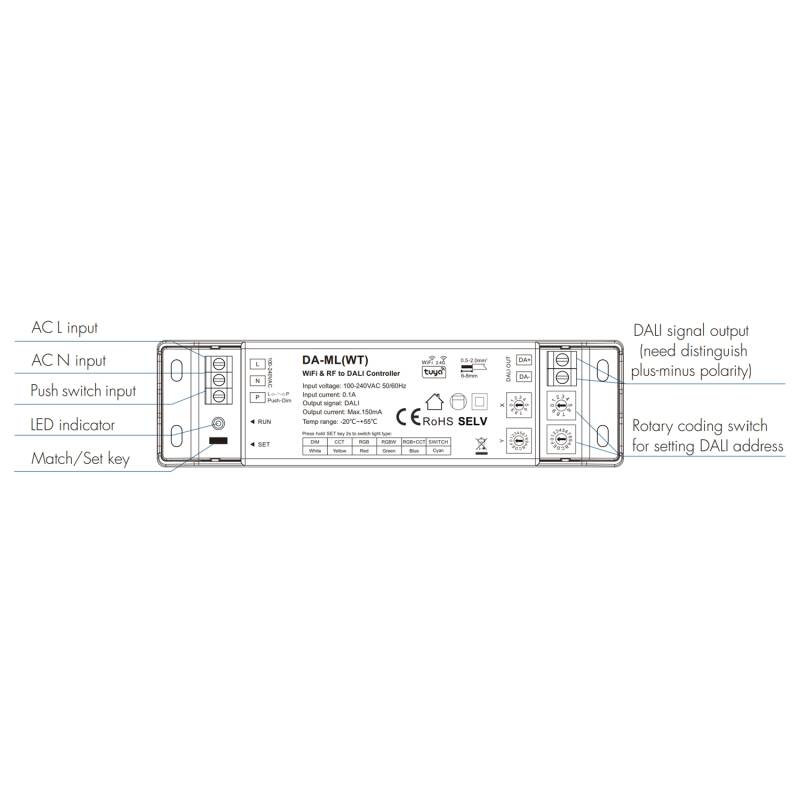 Conversor WIFI RF para DALI DT6/DT8 com BUS integrado SKYDANCE DA-ML(WT) Compatível com Tuya e Botão Pulsador