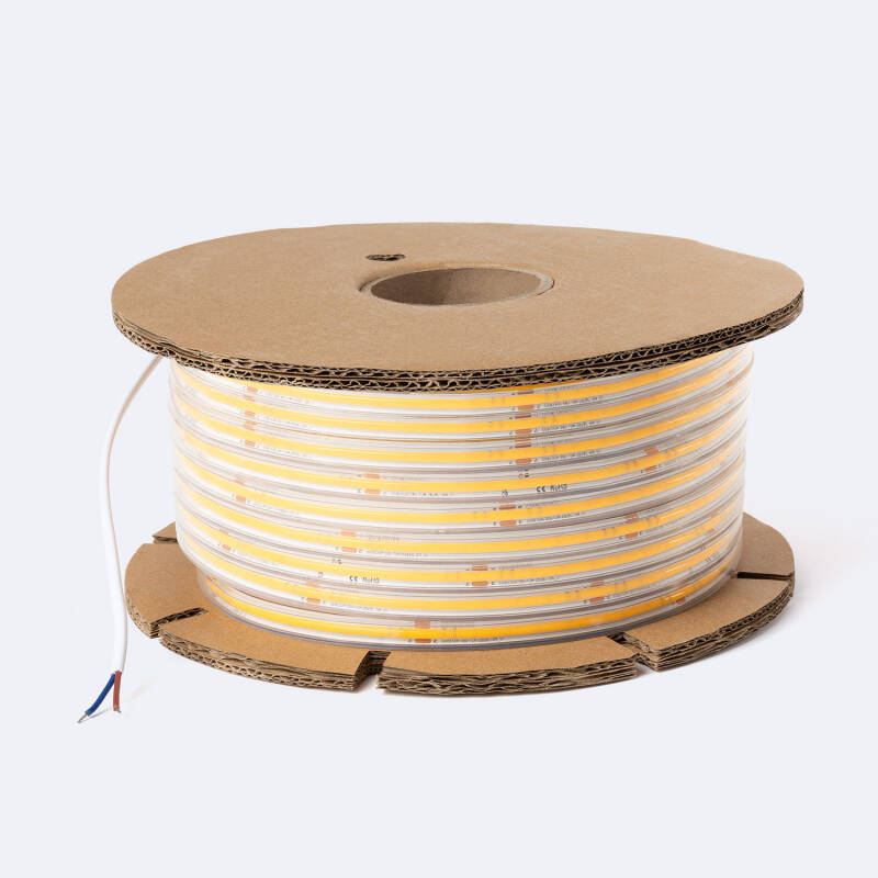 Fita LED Regulável 220V COB Autorrectificada 320 LED/m ROLO 50m 8W/m 720 lm/m Largura 12mm Corte 50cm IP65 CRI90