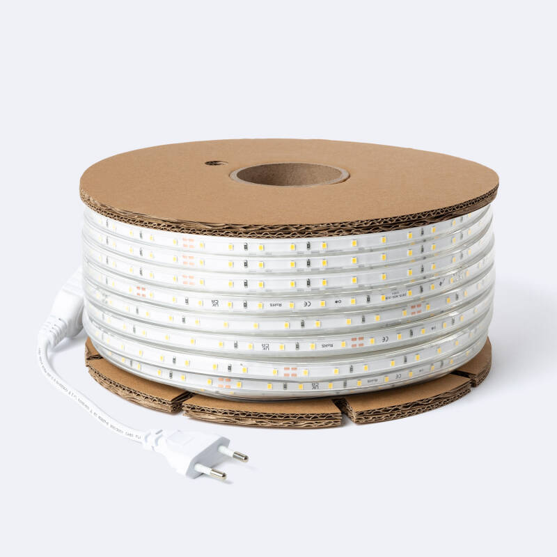 Fita LED Regulável 220V SMD 60 LED/m ROLO 50m 6W/m 600lm/m Largura 12mm Corte 20cm IP65