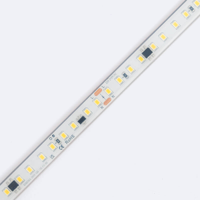 Fita LED Regulável 220V SMD Autorectificada 120 LED/m ROLO 50m 14W/m 1680lm/m SILICONE FLEX Largura 12mm Corte 10cm IP67