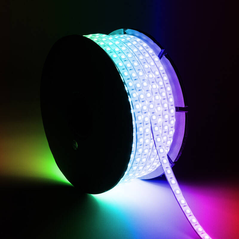 Fita LED RGB 220V SMD 60 LED/m ROLO 50m 15W/m SILICONE FLEX Largura 12mm Corte 100cm IP67