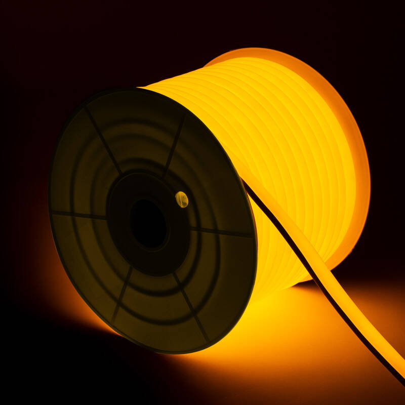 Fita LED Neon Regulável 220 V, Bobina de 50 m, Amarela, Semicircular 180°, 7,5 W/m, Corte a cada 100 cm, IP67