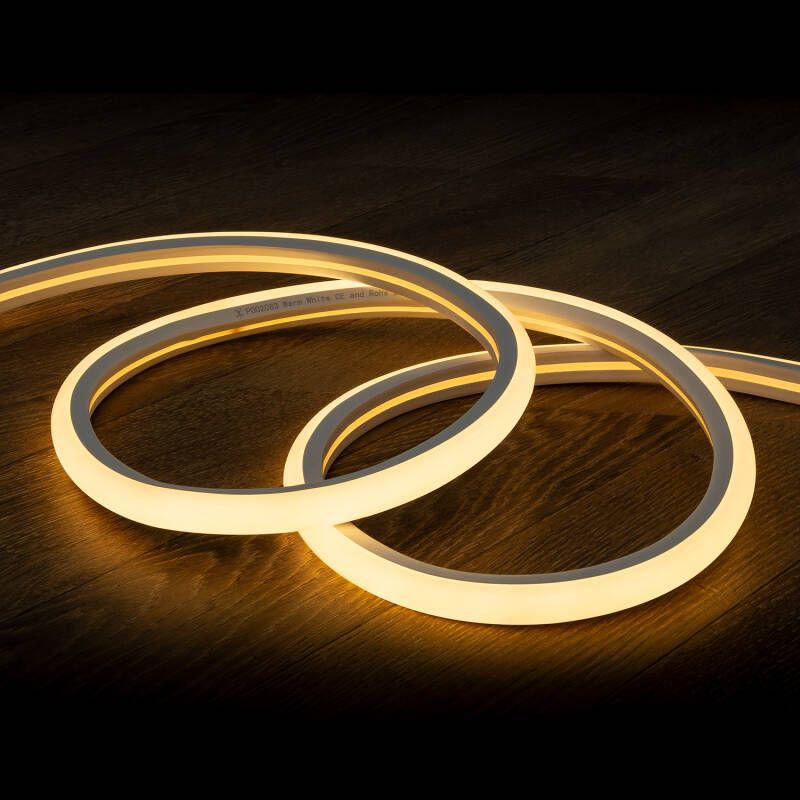 Fita LED Neon Regulável 220 V, Bobina de 50 m, Branco Quente, Semicircular 180°, 7,5 W/m, corte a cada 100 cm, IP67
