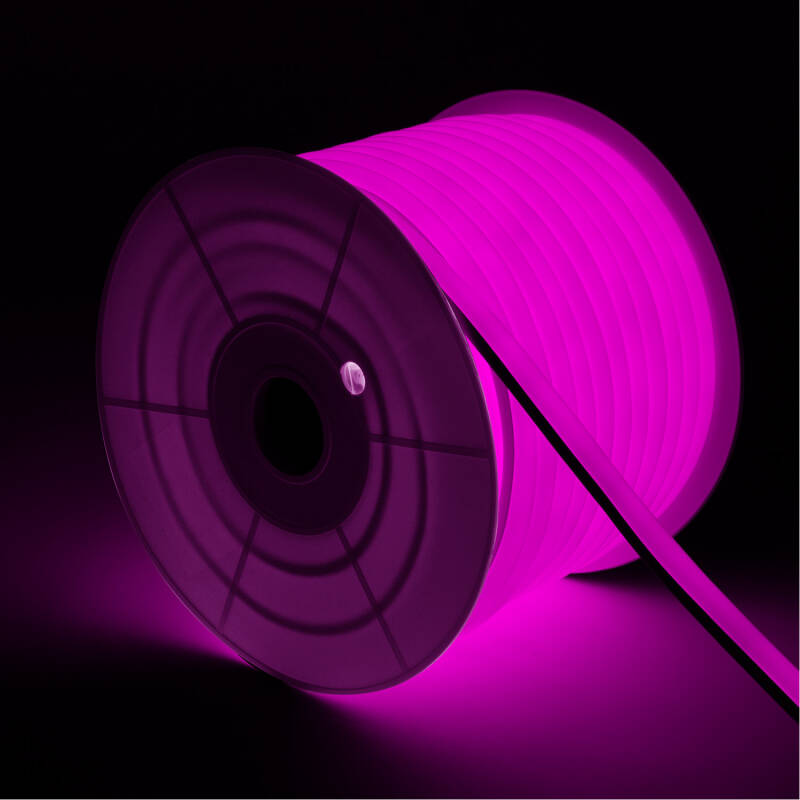 Fita LED Neon Regulável 220 V, Bobina de 50 m, Rosa, Semicircular 180°, 7,5 W/m, Corte a cada 100 cm, IP67